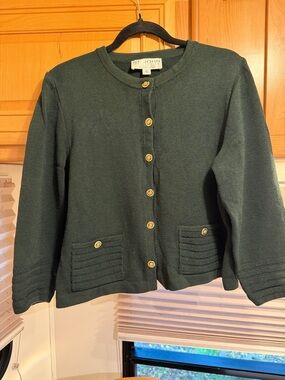St. John Green Knit Cardigan with Gold Buttons Sz 12
